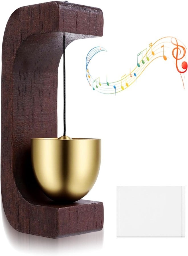 سبين كارت جرس باب خشبي على شكل حرف C من SPIN CART، وعاء نحاسي مع قاعدة خشبية طبيعية، جرس ترحيب مزخرف للمتاجر والمكاتب والمقاهي والأبواب الأمامية - Image 1